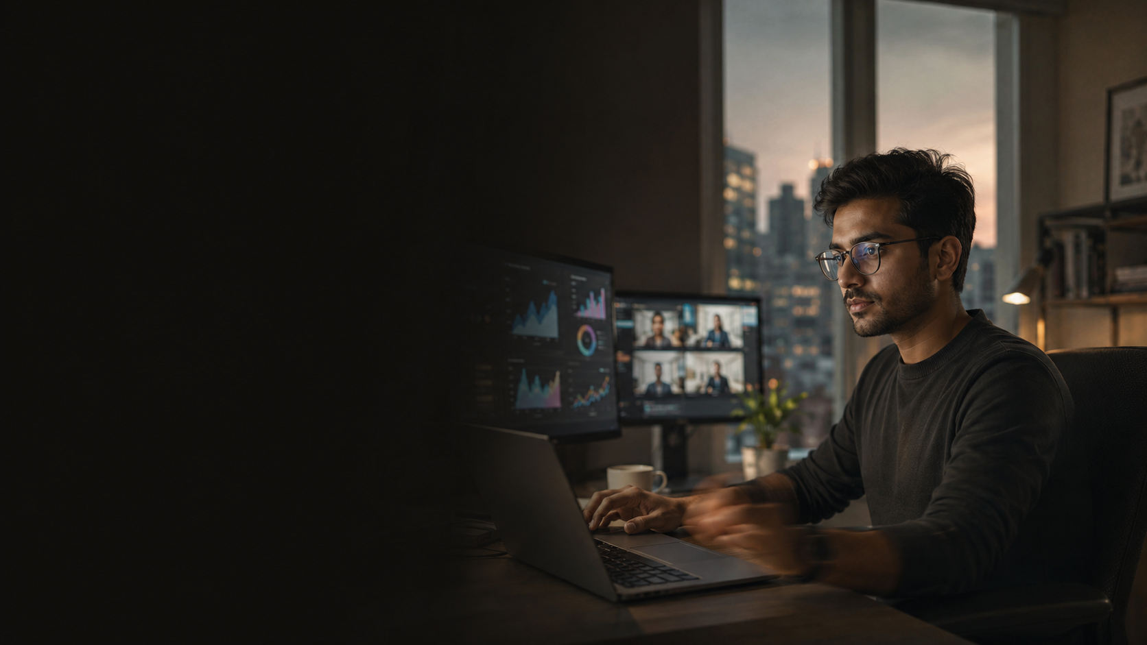 An Indian professional working from a home office with analytics and collaboration screens.